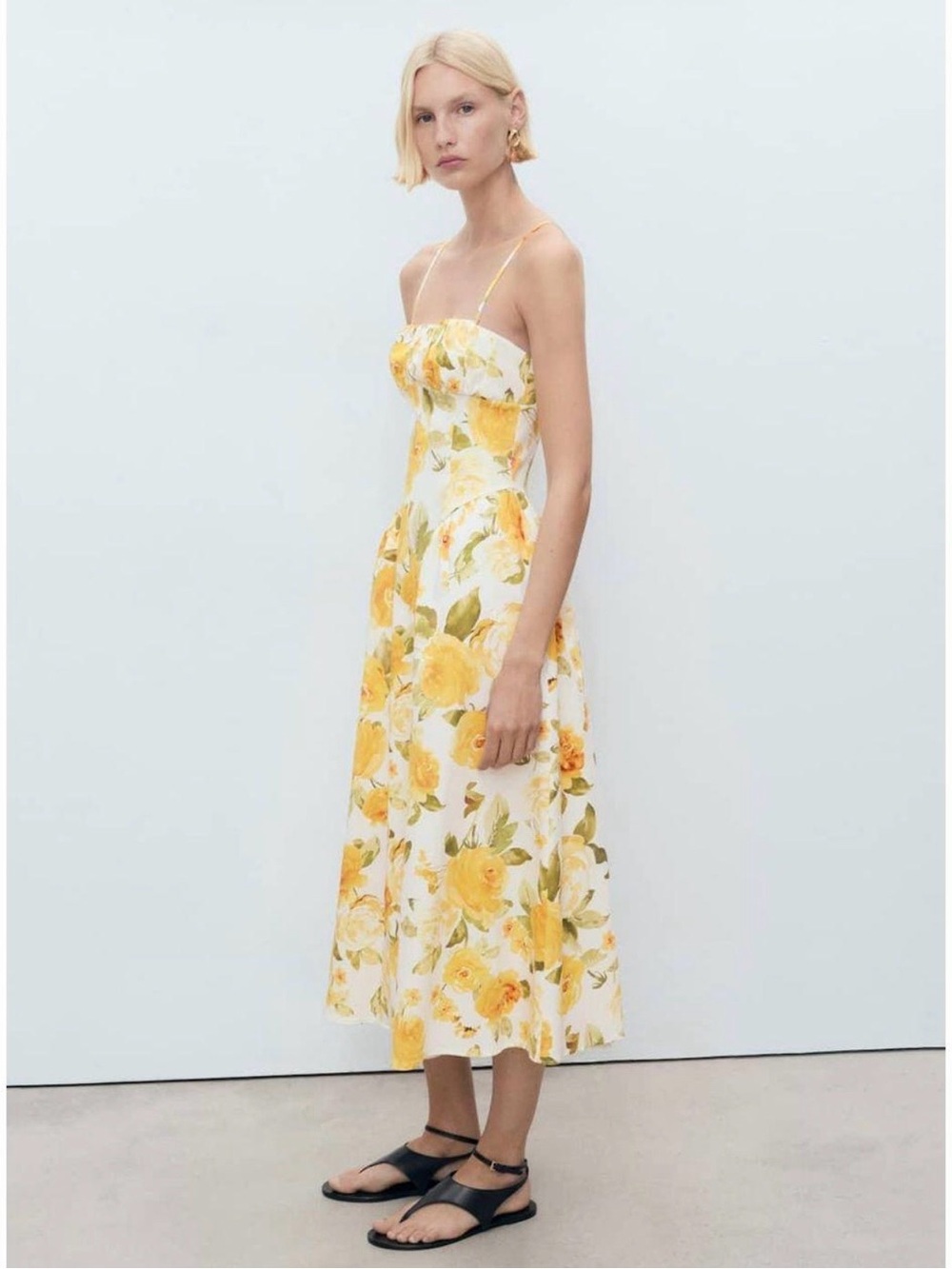 Mango Yellow Floral Spaghetti-Strap Midi Dress